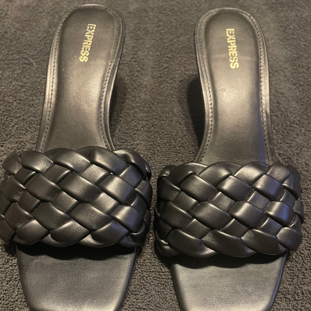 Express black kitten mule heels